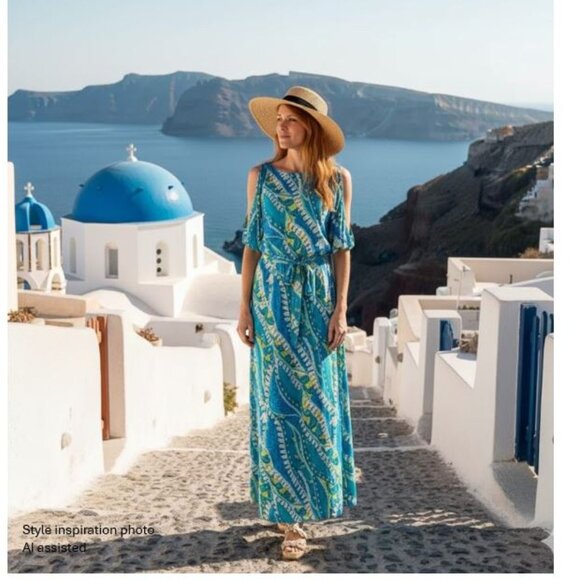 NIKKI POULOS, Turquoise/lime green print cold shoulder maxi Hydra dress - Picture 2 of 15